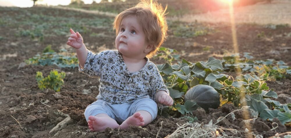 Happy baby sitting in a pumpkin patch