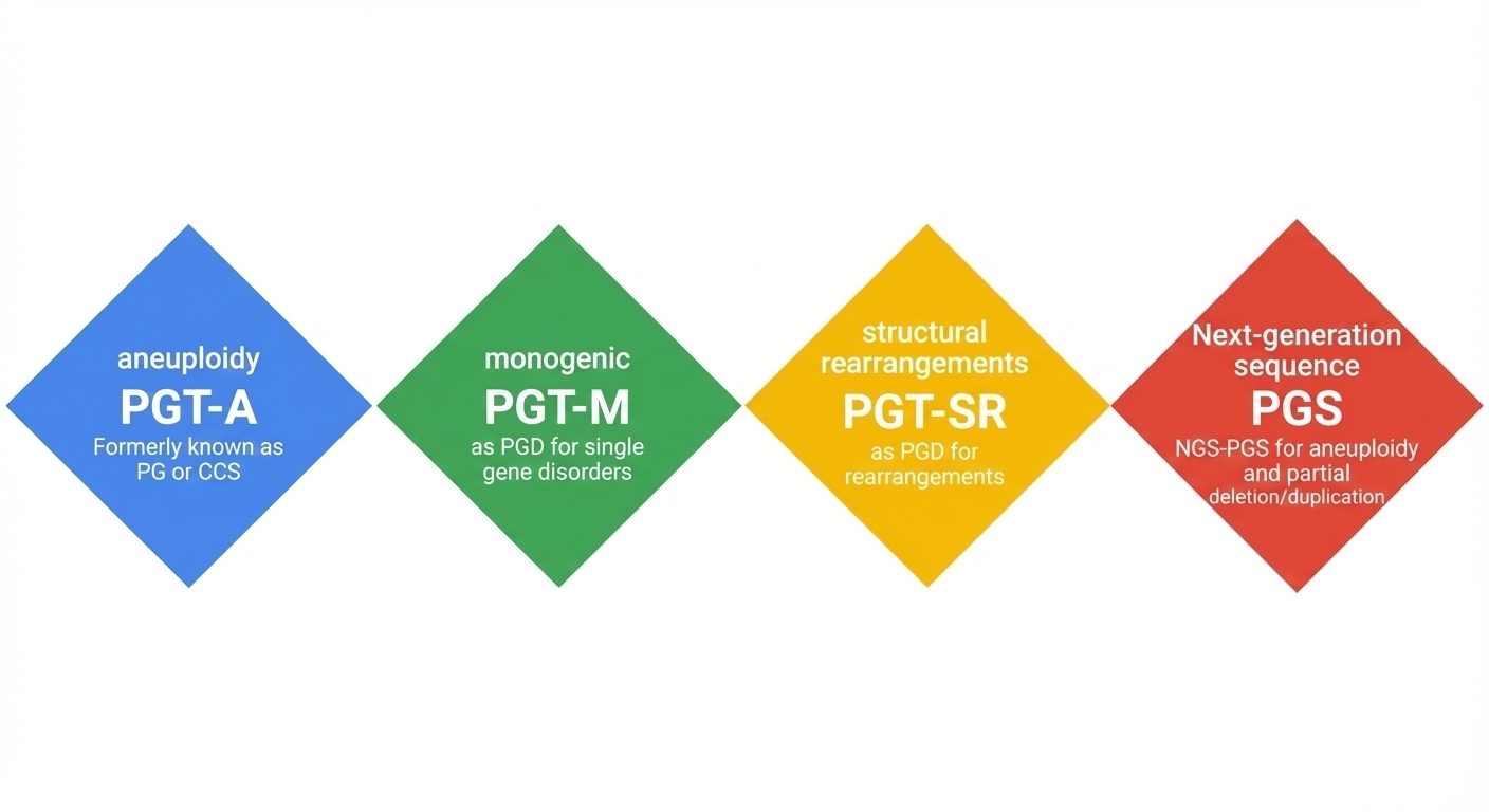 PGT-A, PGT-M, PGT-SR preimplantation genetic testing types