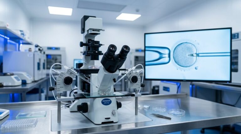 Advanced ICSI micromanipulation equipment used for male infertility