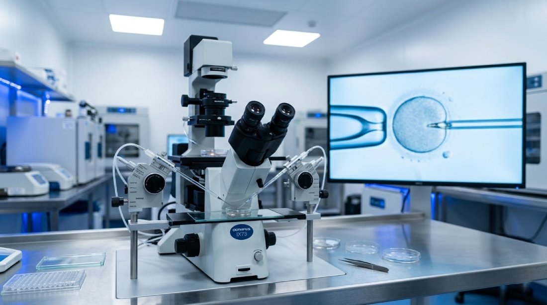 Advanced ICSI micromanipulation equipment used for male infertility